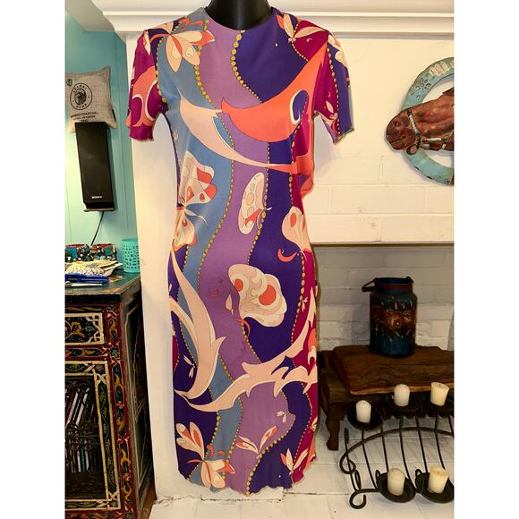 EMILIO PUCCI CUSTOM UNFINISHED VINTAGE SILK PRINT DRESS - Picture 1 of 16